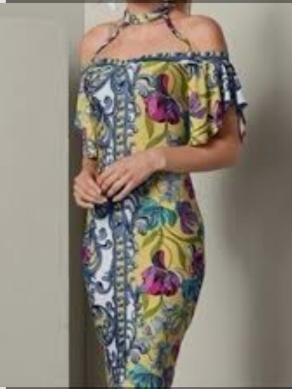 VENUS Paisley Floral Scroll Off - Shoulder  Midi with Choker- Multicolor